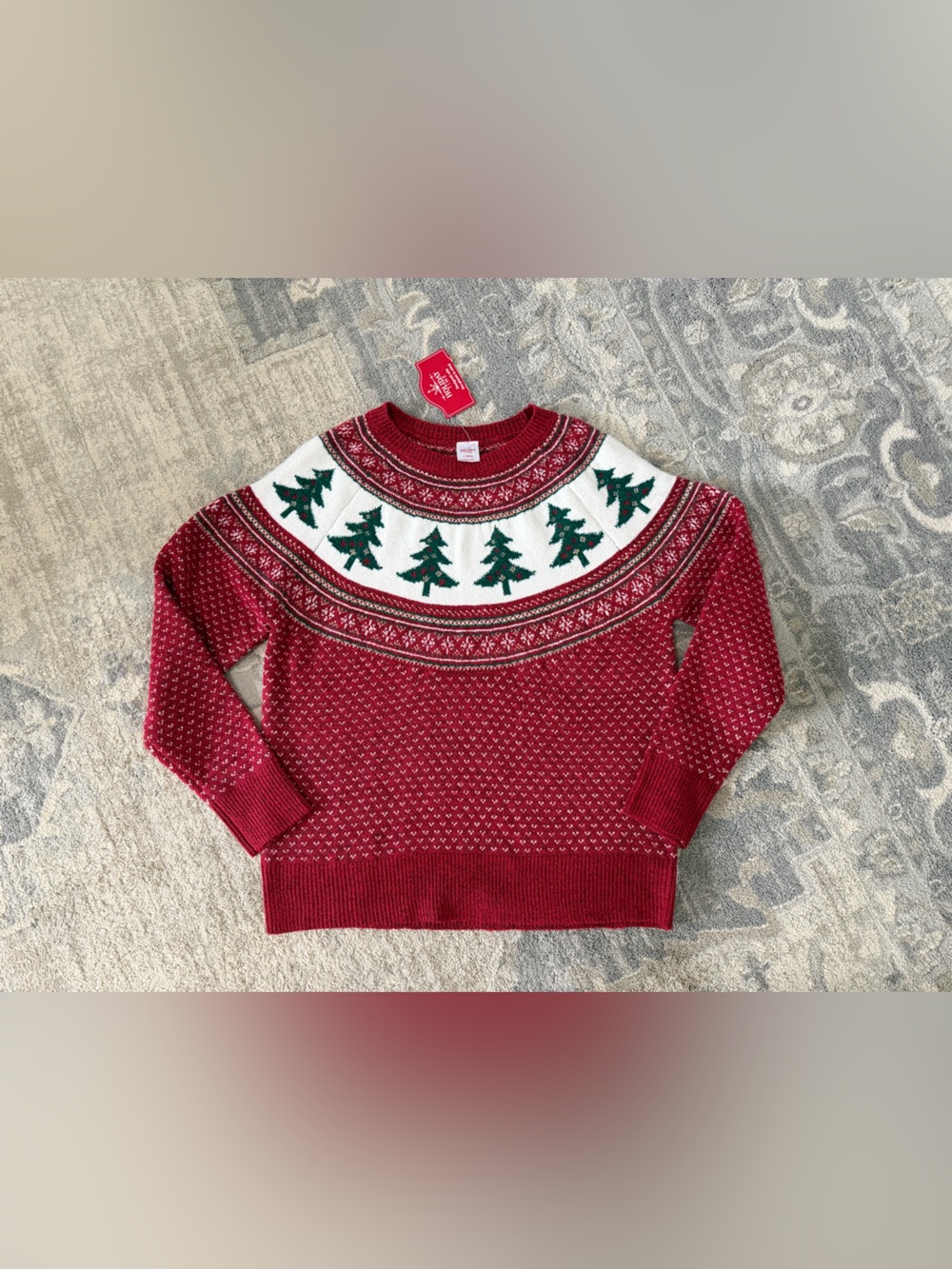 Holiday Time Christmas Crewneck Sweater with Green Tree Fair Isle Yoke
